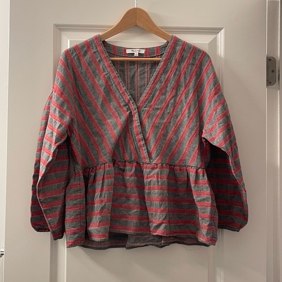 Madewell Tops - Madewell Gray and Pink Striped Peplum Pullover Blouse